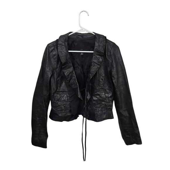 VTG Y2K Old Navy Black Ruffled Real Leather Jacket Crop Dark Romantic Medium - Picture 1 of 8